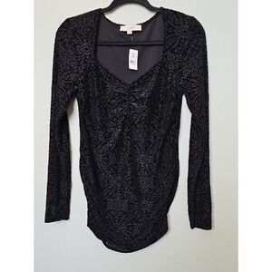 Loft NWT Black Witchy Jacquard Velvet Sweetheart Long Sleeve Blouse Top Large